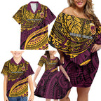 Personalised Brisbane Broncos Family Matching Off Shoulder Short Dress and Hawaiian Shirt Polynesian Tribal Art Style With Hammerhead Mascot