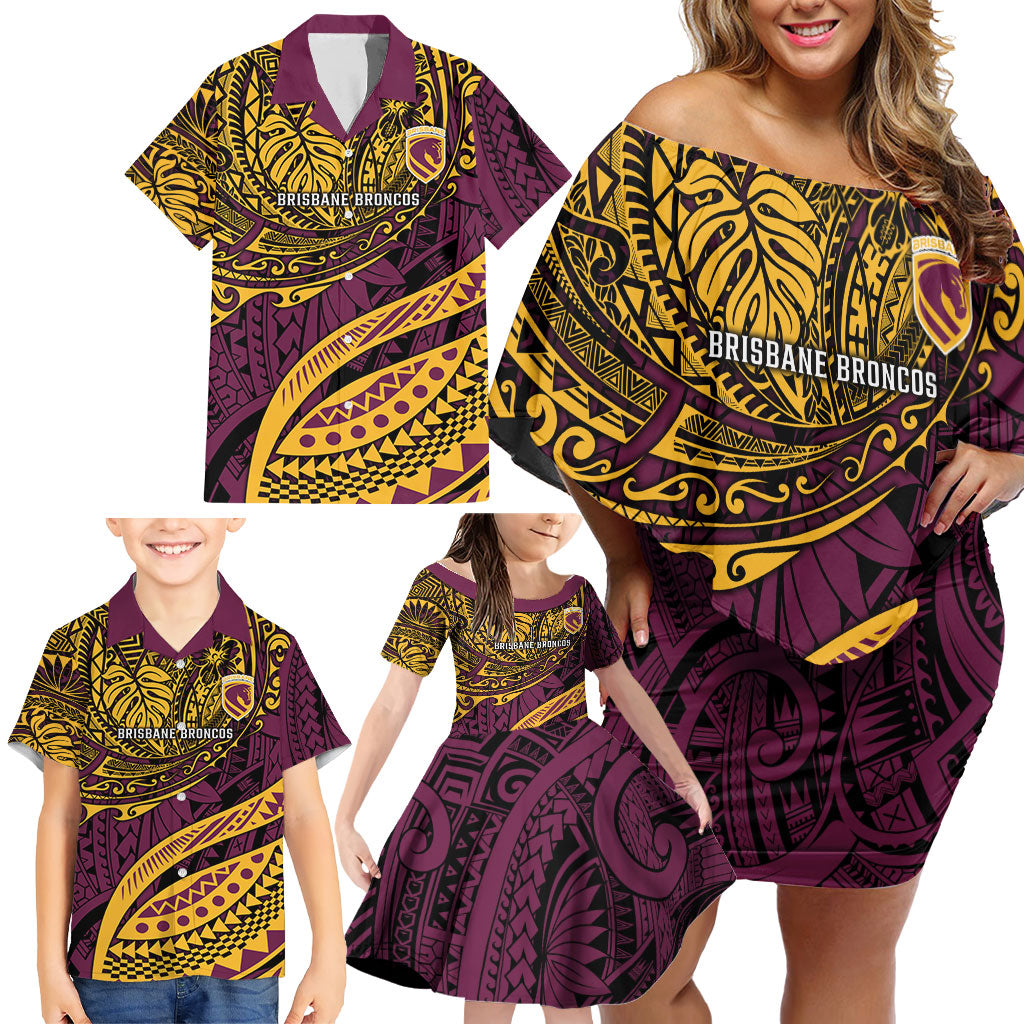 Personalised Brisbane Broncos Family Matching Off Shoulder Short Dress and Hawaiian Shirt Polynesian Tribal Art Style With Hammerhead Mascot