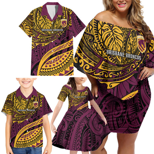 Personalised Brisbane Broncos Family Matching Off Shoulder Short Dress and Hawaiian Shirt Polynesian Tribal Art Style With Hammerhead Mascot