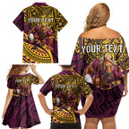 Personalised Brisbane Broncos Family Matching Off Shoulder Short Dress and Hawaiian Shirt Polynesian Tribal Art Style With Hammerhead Mascot