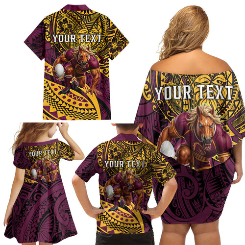 Personalised Brisbane Broncos Family Matching Off Shoulder Short Dress and Hawaiian Shirt Polynesian Tribal Art Style With Hammerhead Mascot