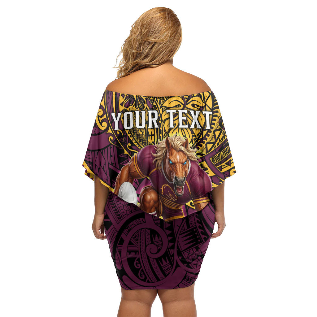 Personalised Brisbane Broncos Family Matching Off Shoulder Short Dress and Hawaiian Shirt Polynesian Tribal Art Style With Hammerhead Mascot