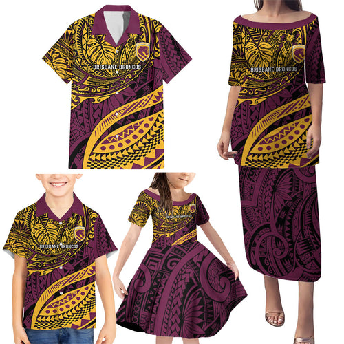 Personalised Brisbane Broncos Family Matching Puletasi and Hawaiian Shirt Polynesian Tribal Art Style With Hammerhead Mascot
