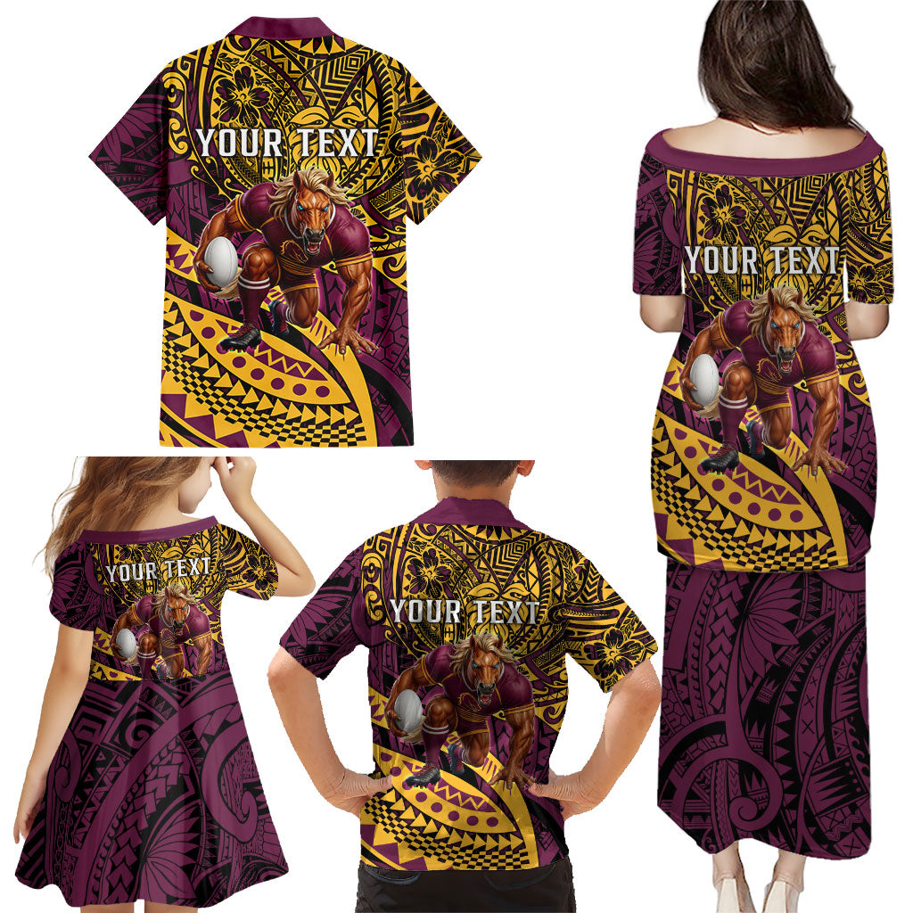 Personalised Brisbane Broncos Family Matching Puletasi and Hawaiian Shirt Polynesian Tribal Art Style With Hammerhead Mascot