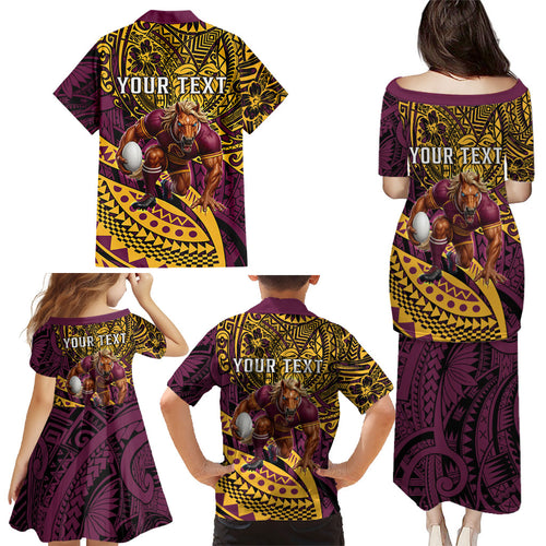 Personalised Brisbane Broncos Family Matching Puletasi and Hawaiian Shirt Polynesian Tribal Art Style With Hammerhead Mascot
