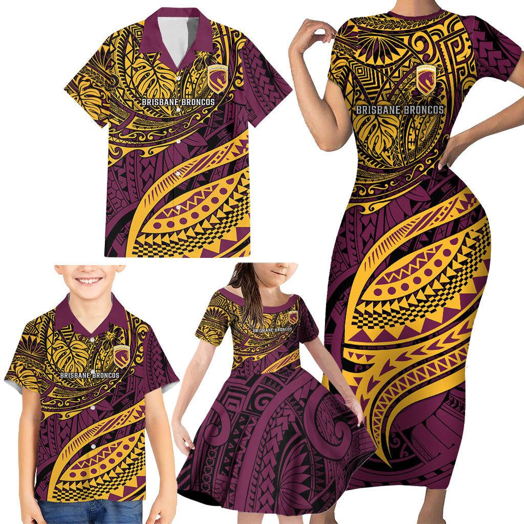 Personalised Brisbane Broncos Family Matching Short Sleeve Bodycon Dress and Hawaiian Shirt Polynesian Tribal Art Style With Hammerhead Mascot