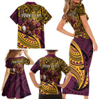 Personalised Brisbane Broncos Family Matching Short Sleeve Bodycon Dress and Hawaiian Shirt Polynesian Tribal Art Style With Hammerhead Mascot