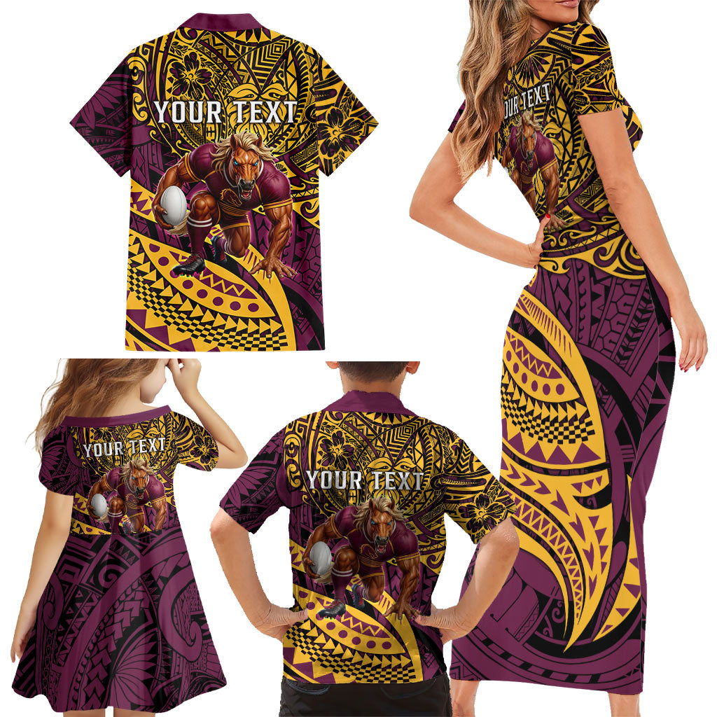 Personalised Brisbane Broncos Family Matching Short Sleeve Bodycon Dress and Hawaiian Shirt Polynesian Tribal Art Style With Hammerhead Mascot