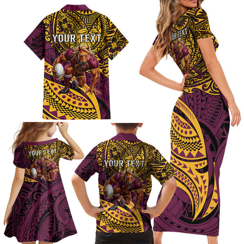 Personalised Brisbane Broncos Family Matching Short Sleeve Bodycon Dress and Hawaiian Shirt Polynesian Tribal Art Style With Hammerhead Mascot