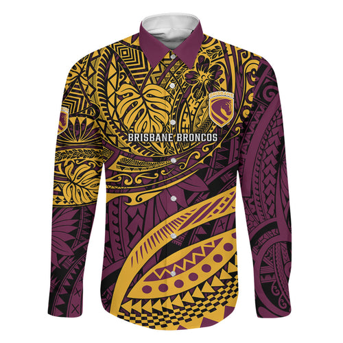 Personalised Brisbane Broncos Family Matching Short Sleeve Bodycon Dress and Hawaiian Shirt Polynesian Tribal Art Style With Hammerhead Mascot
