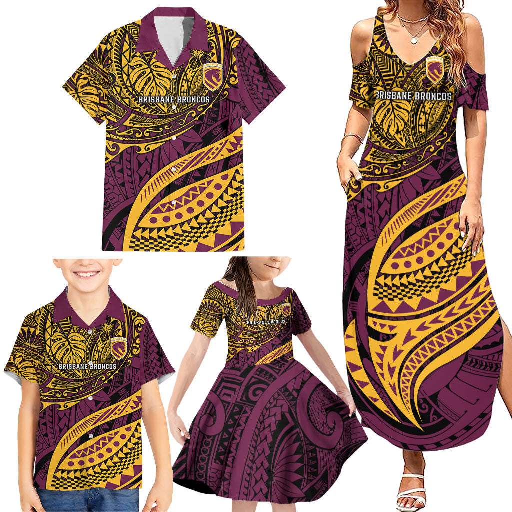 Personalised Brisbane Broncos Family Matching Summer Maxi Dress and Hawaiian Shirt Polynesian Tribal Art Style With Hammerhead Mascot
