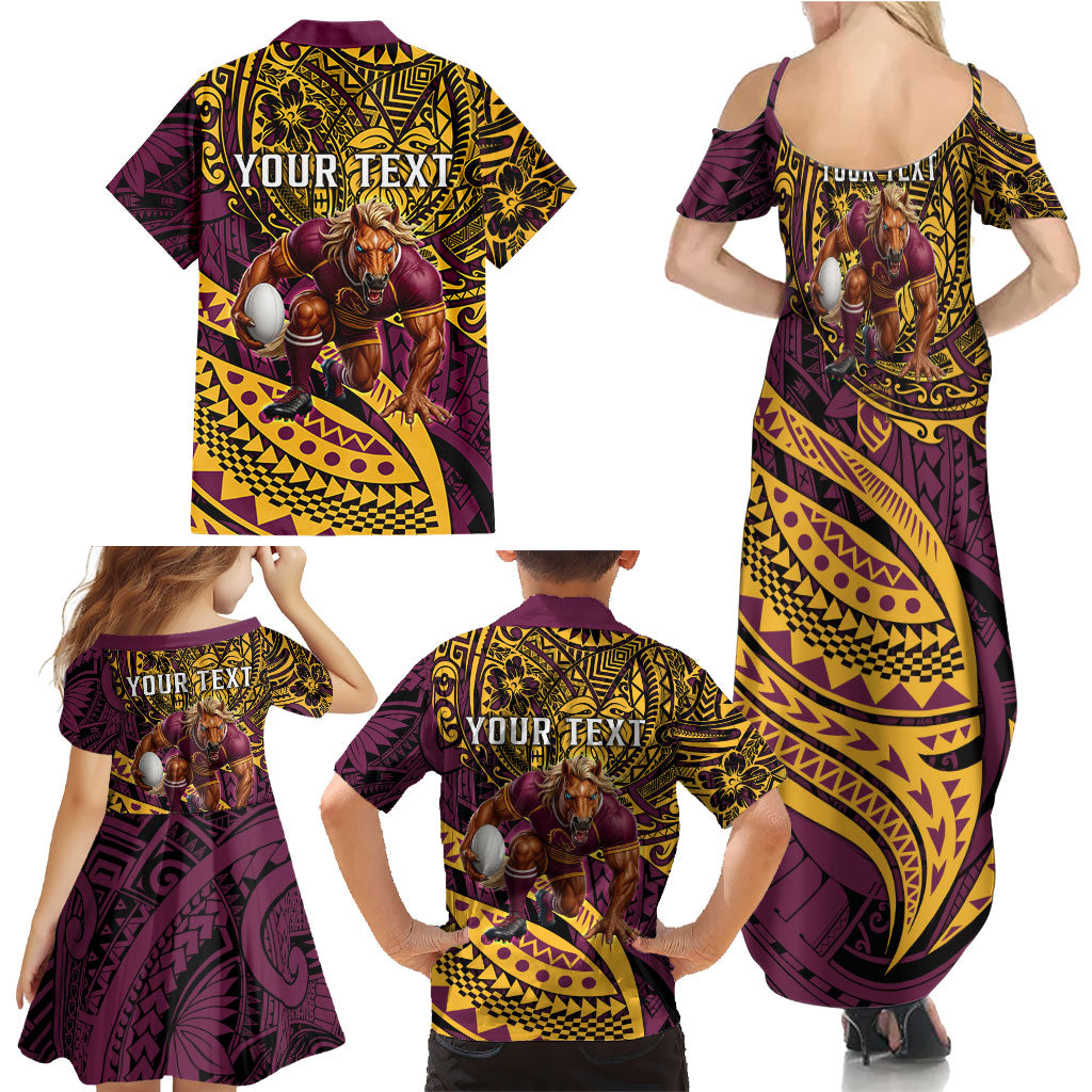 Personalised Brisbane Broncos Family Matching Summer Maxi Dress and Hawaiian Shirt Polynesian Tribal Art Style With Hammerhead Mascot