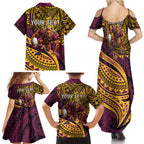 Personalised Brisbane Broncos Family Matching Summer Maxi Dress and Hawaiian Shirt Polynesian Tribal Art Style With Hammerhead Mascot