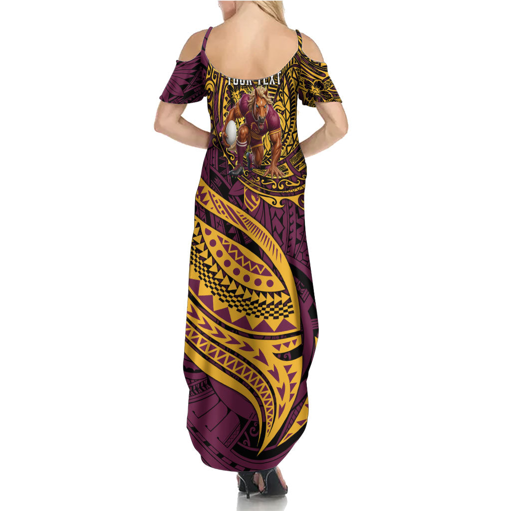 Personalised Brisbane Broncos Family Matching Summer Maxi Dress and Hawaiian Shirt Polynesian Tribal Art Style With Hammerhead Mascot