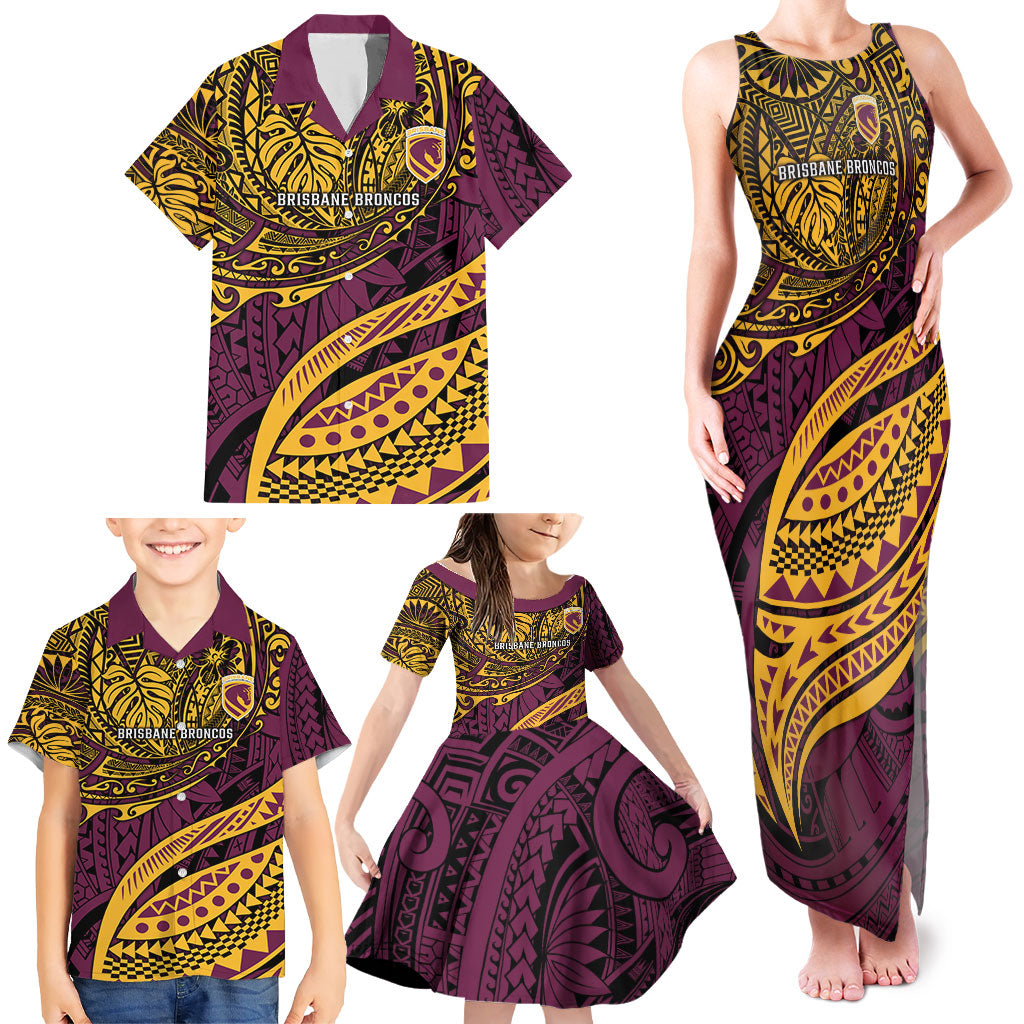 Personalised Brisbane Broncos Family Matching Tank Maxi Dress and Hawaiian Shirt Polynesian Tribal Art Style With Hammerhead Mascot
