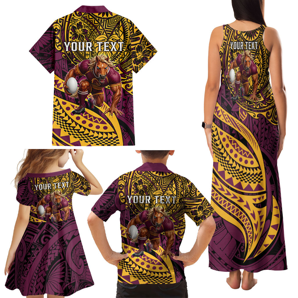 Personalised Brisbane Broncos Family Matching Tank Maxi Dress and Hawaiian Shirt Polynesian Tribal Art Style With Hammerhead Mascot