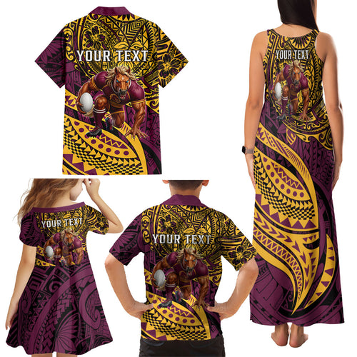 Personalised Brisbane Broncos Family Matching Tank Maxi Dress and Hawaiian Shirt Polynesian Tribal Art Style With Hammerhead Mascot