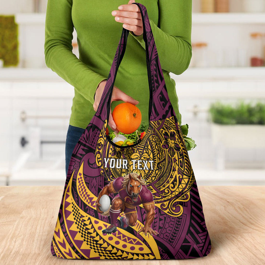 Personalised Brisbane Broncos Grocery Bag Polynesian Tribal Art Style With Hammerhead Mascot