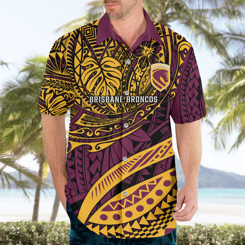 Personalised Brisbane Broncos Hawaiian Shirt Polynesian Tribal Art Style With Hammerhead Mascot
