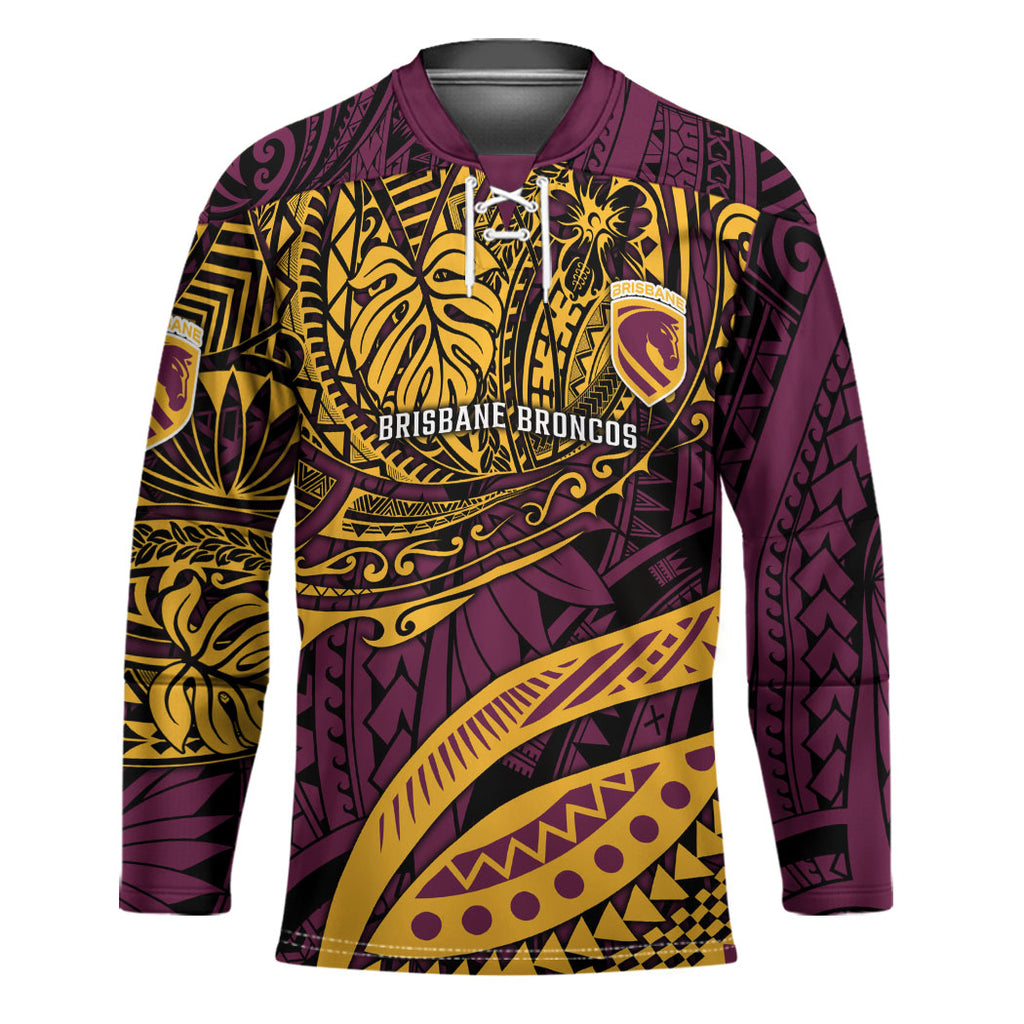 Personalised Brisbane Broncos Hockey Jersey Polynesian Tribal Art Style With Hammerhead Mascot