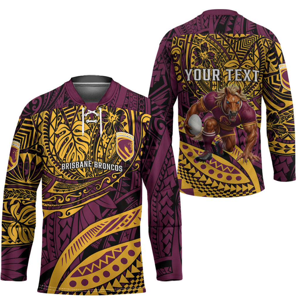 Personalised Brisbane Broncos Hockey Jersey Polynesian Tribal Art Style With Hammerhead Mascot