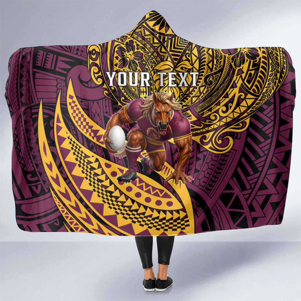 Personalised Brisbane Broncos Hooded Blanket Polynesian Tribal Art Style With Hammerhead Mascot