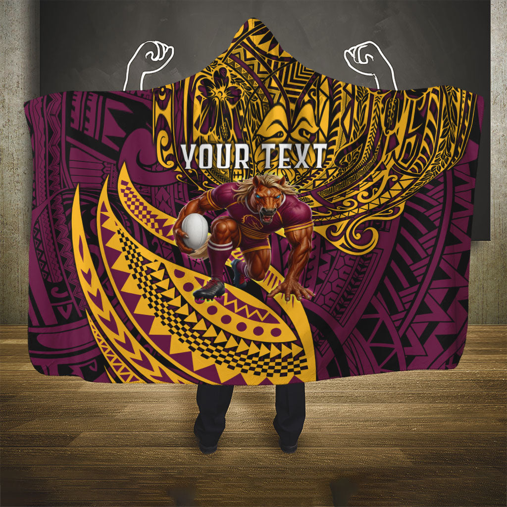 Personalised Brisbane Broncos Hooded Blanket Polynesian Tribal Art Style With Hammerhead Mascot