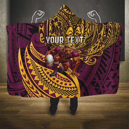 Personalised Brisbane Broncos Hooded Blanket Polynesian Tribal Art Style With Hammerhead Mascot