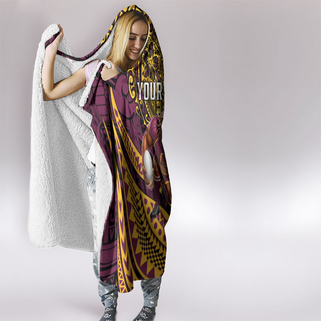 Personalised Brisbane Broncos Hooded Blanket Polynesian Tribal Art Style With Hammerhead Mascot