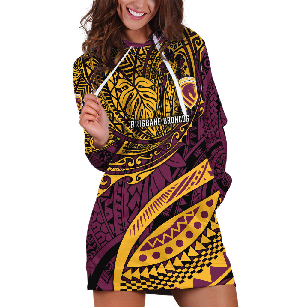 Personalised Brisbane Broncos Hoodie Dress Polynesian Tribal Art Style With Hammerhead Mascot