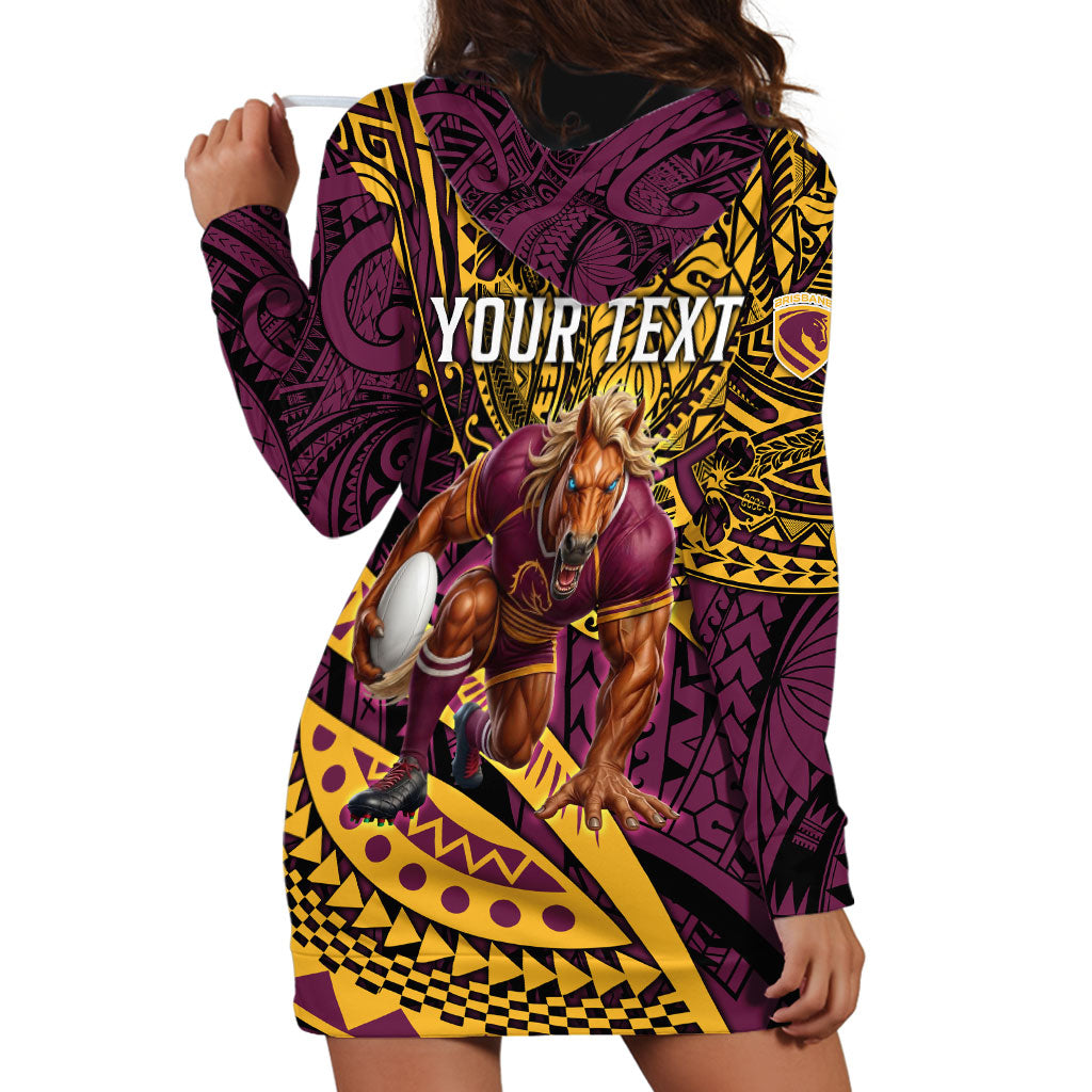 Personalised Brisbane Broncos Hoodie Dress Polynesian Tribal Art Style With Hammerhead Mascot