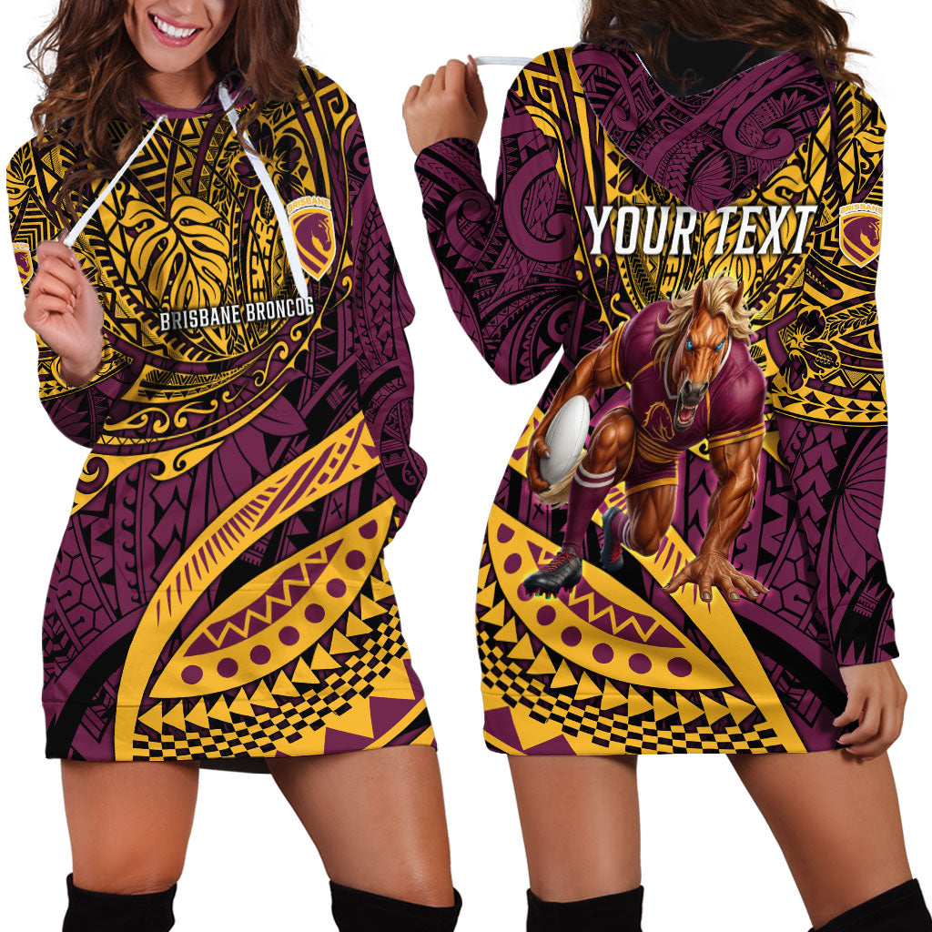 Personalised Brisbane Broncos Hoodie Dress Polynesian Tribal Art Style With Hammerhead Mascot