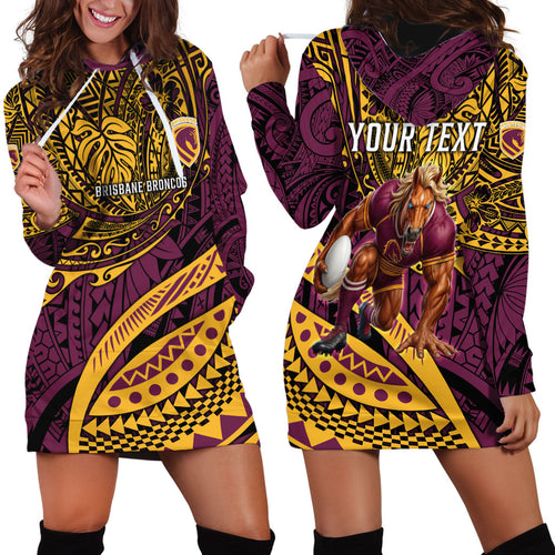 Personalised Brisbane Broncos Hoodie Dress Polynesian Tribal Art Style With Hammerhead Mascot