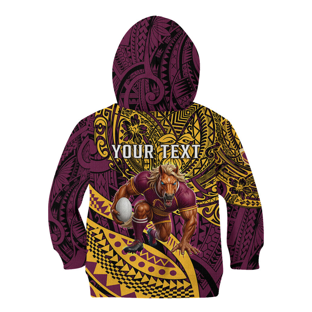 Personalised Brisbane Broncos Kid Hoodie Polynesian Tribal Art Style With Hammerhead Mascot
