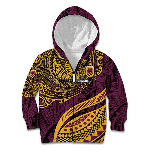 Personalised Brisbane Broncos Kid Hoodie Polynesian Tribal Art Style With Hammerhead Mascot