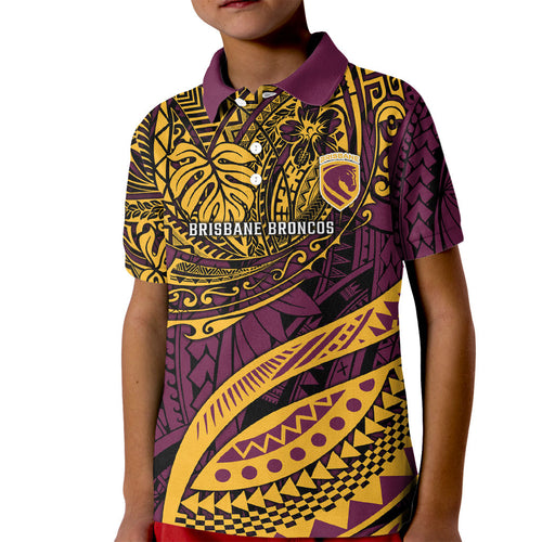 Personalised Brisbane Broncos Kid Polo Shirt Polynesian Tribal Art Style With Hammerhead Mascot
