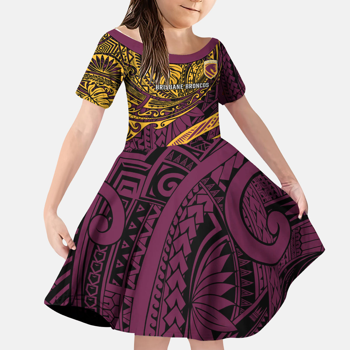 Personalised Brisbane Broncos Kid Short Sleeve Dress Polynesian Tribal Art Style With Hammerhead Mascot