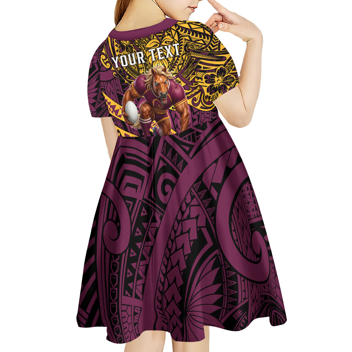 Personalised Brisbane Broncos Kid Short Sleeve Dress Polynesian Tribal Art Style With Hammerhead Mascot