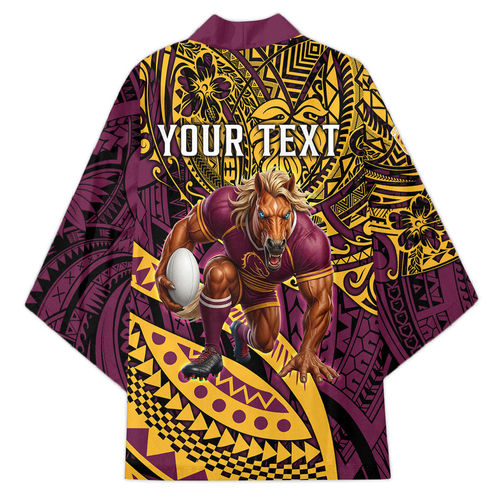Personalised Brisbane Broncos Kimono Polynesian Tribal Art Style With Hammerhead Mascot