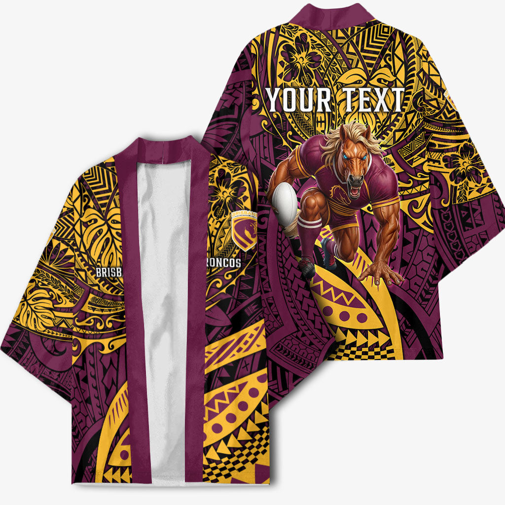 Personalised Brisbane Broncos Kimono Polynesian Tribal Art Style With Hammerhead Mascot