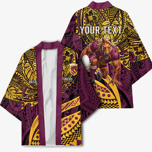 Personalised Brisbane Broncos Kimono Polynesian Tribal Art Style With Hammerhead Mascot