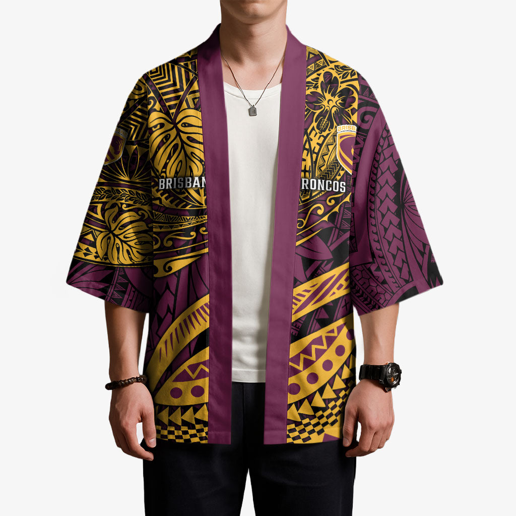 Personalised Brisbane Broncos Kimono Polynesian Tribal Art Style With Hammerhead Mascot