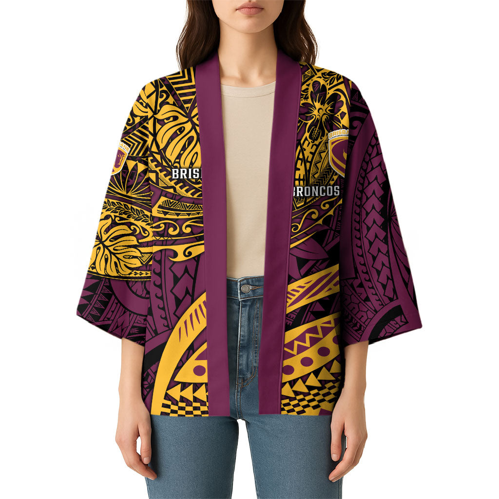 Personalised Brisbane Broncos Kimono Polynesian Tribal Art Style With Hammerhead Mascot