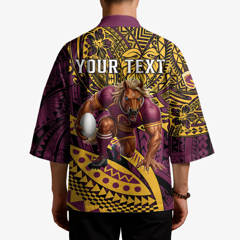 Personalised Brisbane Broncos Kimono Polynesian Tribal Art Style With Hammerhead Mascot