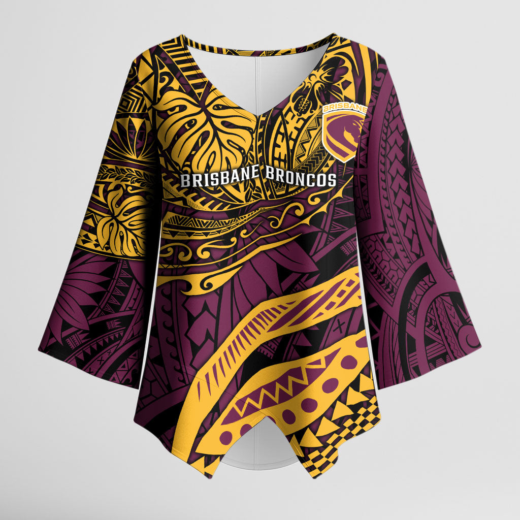Personalised Brisbane Broncos Kimono Sleeve Blouse Polynesian Tribal Art Style With Hammerhead Mascot