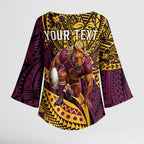 Personalised Brisbane Broncos Kimono Sleeve Blouse Polynesian Tribal Art Style With Hammerhead Mascot
