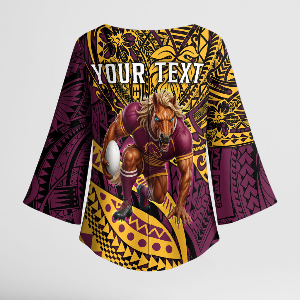 Personalised Brisbane Broncos Kimono Sleeve Blouse Polynesian Tribal Art Style With Hammerhead Mascot