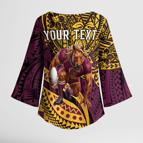 Personalised Brisbane Broncos Kimono Sleeve Blouse Polynesian Tribal Art Style With Hammerhead Mascot