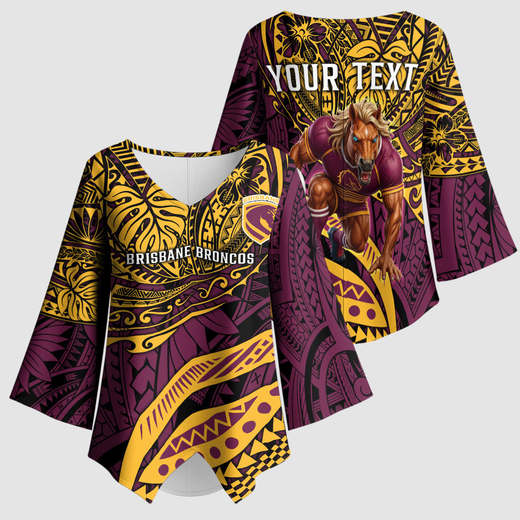 Personalised Brisbane Broncos Kimono Sleeve Blouse Polynesian Tribal Art Style With Hammerhead Mascot