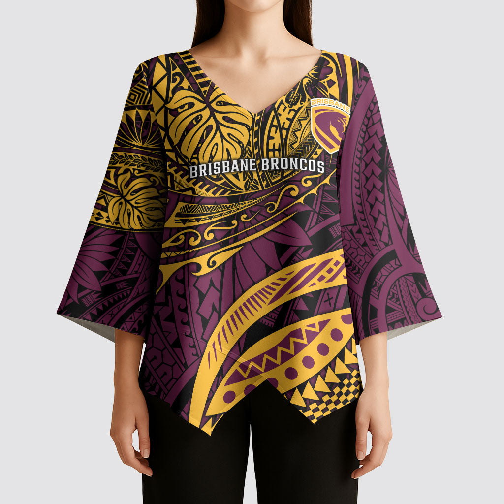 Personalised Brisbane Broncos Kimono Sleeve Blouse Polynesian Tribal Art Style With Hammerhead Mascot
